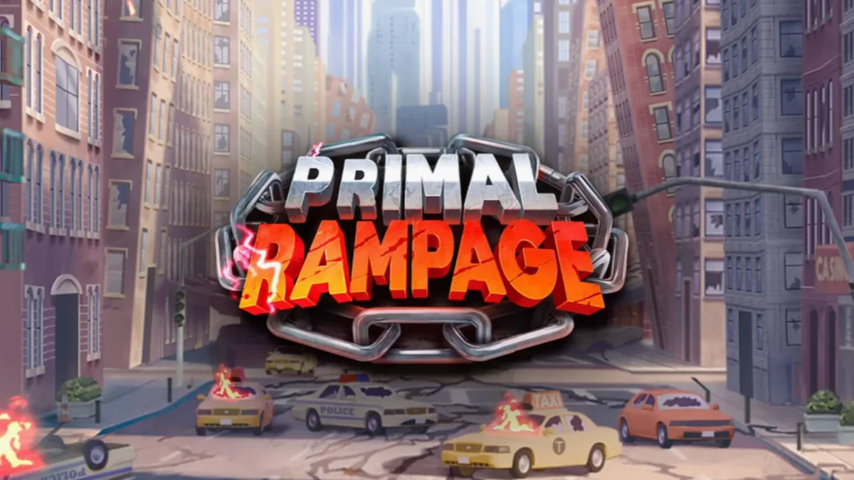 Pemandangan hutan rimba dengan primata raksasa di latar belakang slot Primal Rampage